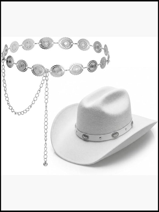 set 7 western cowboy costume additions featuring a black hat  2 Pcs Cowboy Hat and Metal Belt Western Outfit Set Unisex Adult